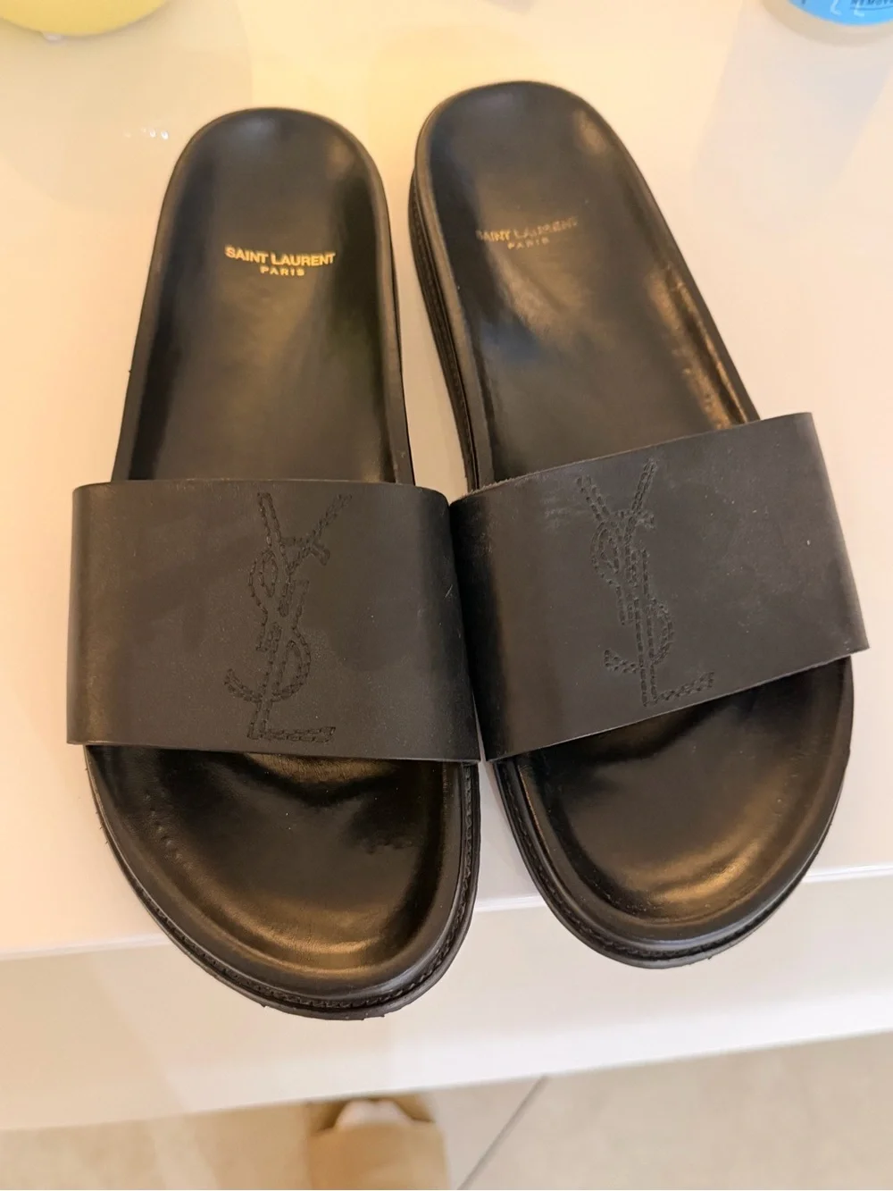 Saint Laurent Black Leather YSL Embossed Slide Sandals